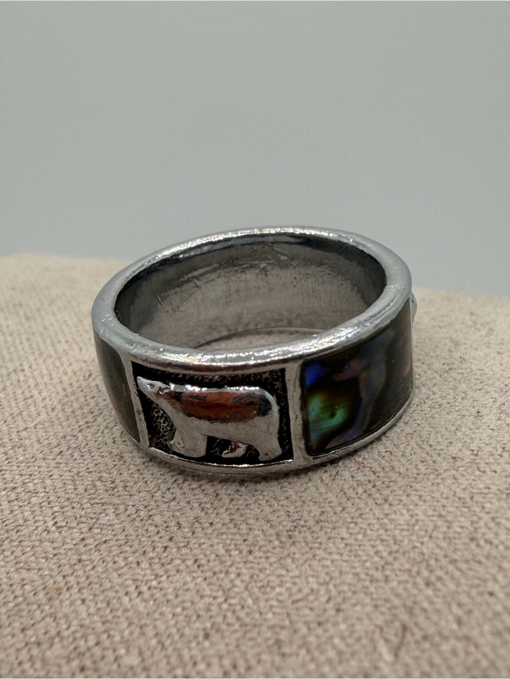 Men's Silver Polar Bear Inlay Ring with Iridescent Accents